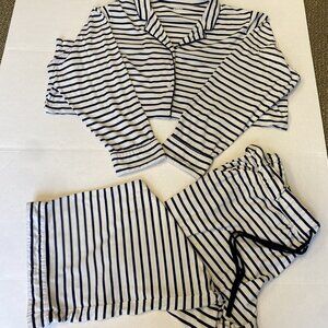 Lands Ends Women 2X 20W-22W Navy White Striped Drawstring Knit Pajama Set Pocket